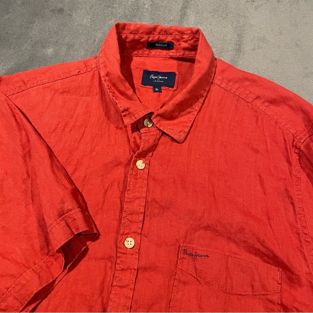Pepe Jeans London Shirt Mens XL Red Linen Button Up Embroidered Short Sleeve